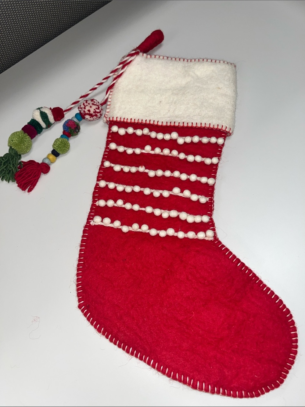 Cost Plus World Market Red & White Holiday 100% Wool Stocking w/ Pom-Pom Tassel